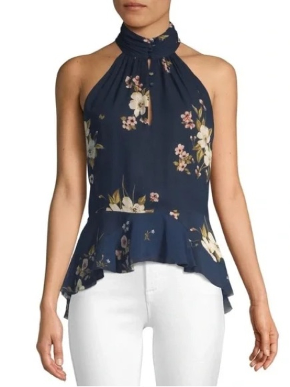 Joie Navy Blue Silk Floral Halter Peplum Top - US 0 (XS)